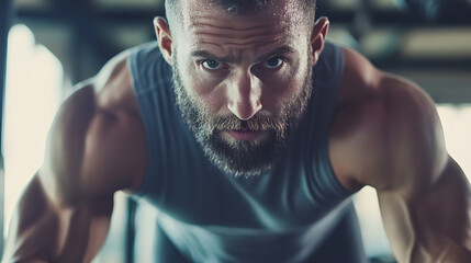 Focused Athlete Performing Intense Pushup Exercise in Gym Setting : Generative AI