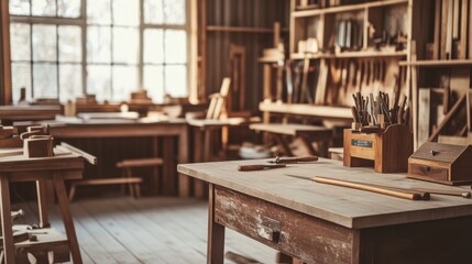A scenic woodworking workshop with hand tools, Handcrafted furniture pieces in the making, Rustic artisan style
