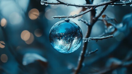 Winter Wonderland Ornate Glass Bauble Hangs From Frozen Branch