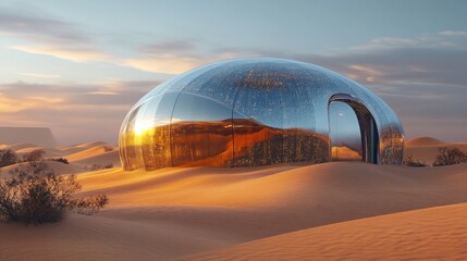 Futuristic dome home in a desert at sunset.