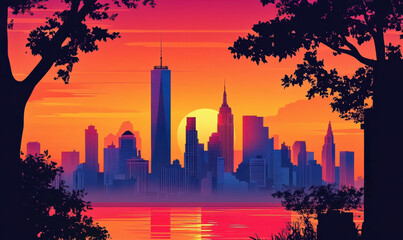 At sunrise, the tall buildings in the city