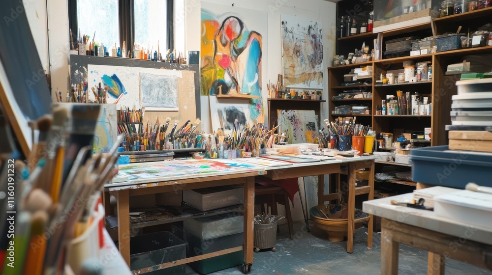 Poster a serene art studio with a variety of artistic tools and canvases, art supplies neatly arranged on s