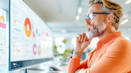 Data-Driven Decisions: A seasoned businessman with a thoughtful expression examines a large monitor displaying intricate data visualizations.