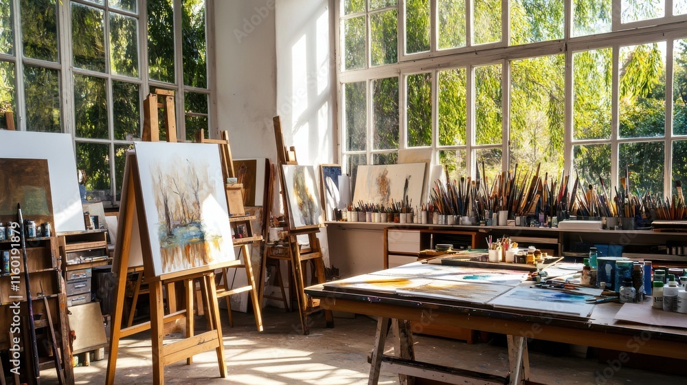 Poster a serene art workshop with easels and painting supplies, artistic tools arranged in a sunlit studio 