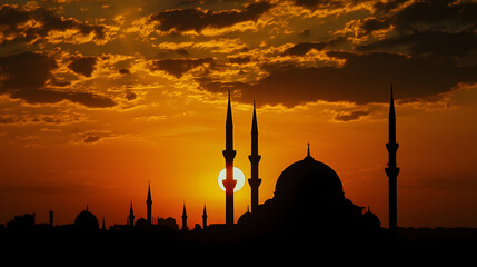 Silhouette of Mosque Minarets at Sunset Creating a Breathtaking Orange Skyline : Generative AI