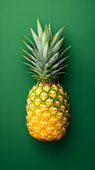 Single ripe pineapple on green background, studio shot, food blog, recipe.