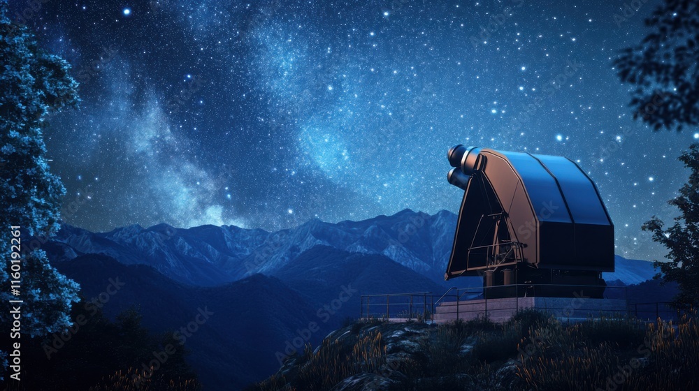 Poster a serene astronomy observatory with telescopes pointed at the starry night sky, observational instru