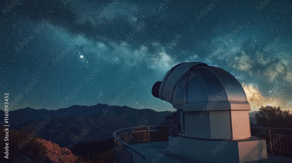 Poster A serene astronomy observatory with telescopes pointed at the starry night sky, Observational instruments amidst tranquil mountain backdrop, Astronomical exploration style