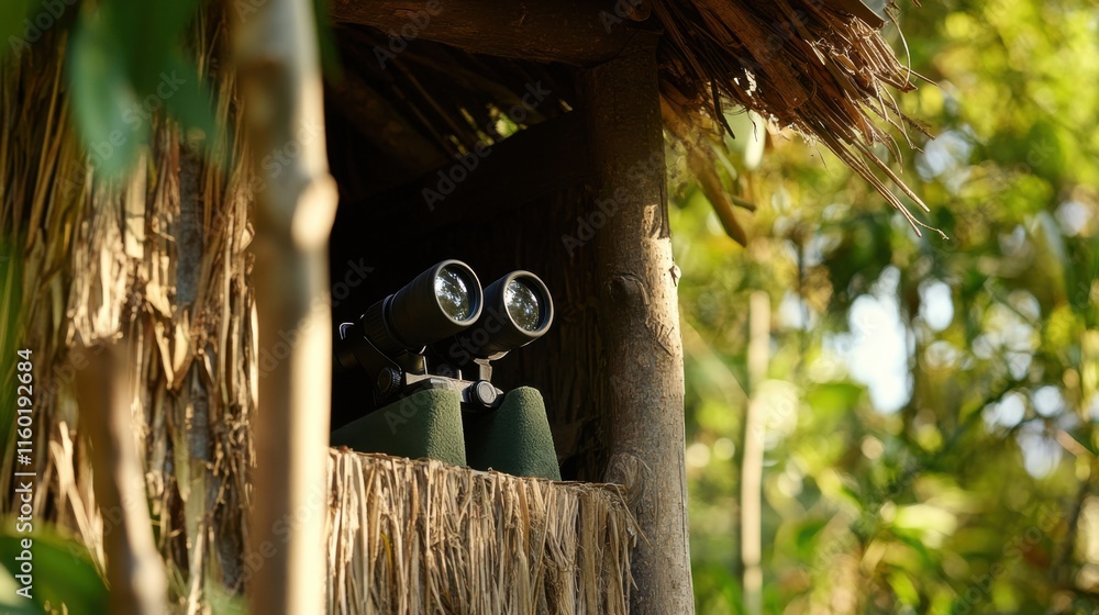 Poster a serene birdwatching hideout with binoculars and bird guides, birdwatching tools arranged in a camo