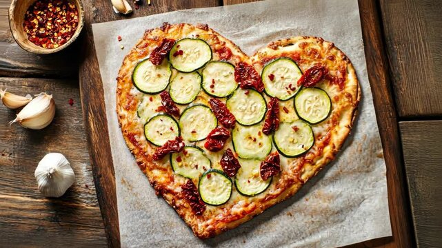 Heart-shaped pizza with zucchini and sun-dried tomatoes.