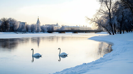 Two swans swim on frozen river, winter cityscape background, idyllic scene, travel postcard.