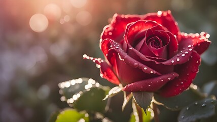 Close-Up of a Red Rose Beginning to Bloom in Soft Morning Light