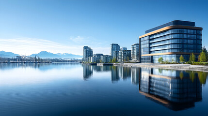 Waterfront Modern Office Building, Cityscape Reflection, Sunrise, Real Estate Marketing.