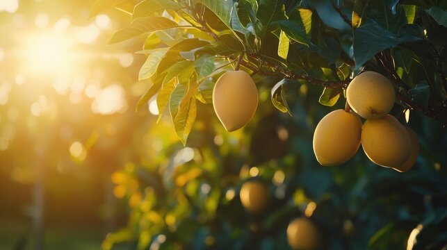 Ripe mangoes on a tree branch at sunset. (1)