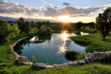 Sunset reflection over serene pond countryside park nature tranquil landscape scenic view serenity