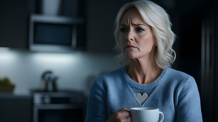 Woman, thoughtful, kitchen, night, coffee, worry, home, lifestyle, advertisement.