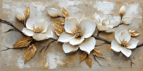 Abstract painting of white flowers on a beige background, with gold and silver details, an oil paint texture, generative AI