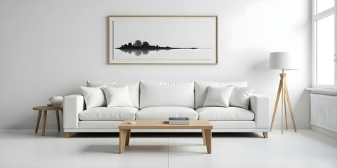 A minimalist living room with a white sofa, wooden coffee table, and a framed landscape artwork on the wall