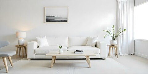 A minimalist living room with a white sofa, wooden coffee table, and a framed landscape artwork on the wall