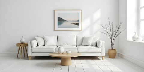 A minimalist living room with a white sofa, wooden coffee table, and a framed landscape artwork on the wall