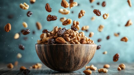 Wooden bowl filled with walnuts, almonds, and raisins, with more nuts and raisins falling into it.