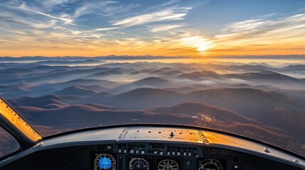 Obraz premium Stunning sunrise over mountain ranges viewed from aircraft cockpit.