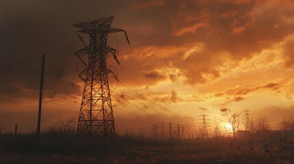 Sunset over industrial landscape with power lines.