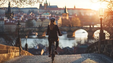 Obraz premium Woman cycling at sunrise overlooking cityscape.