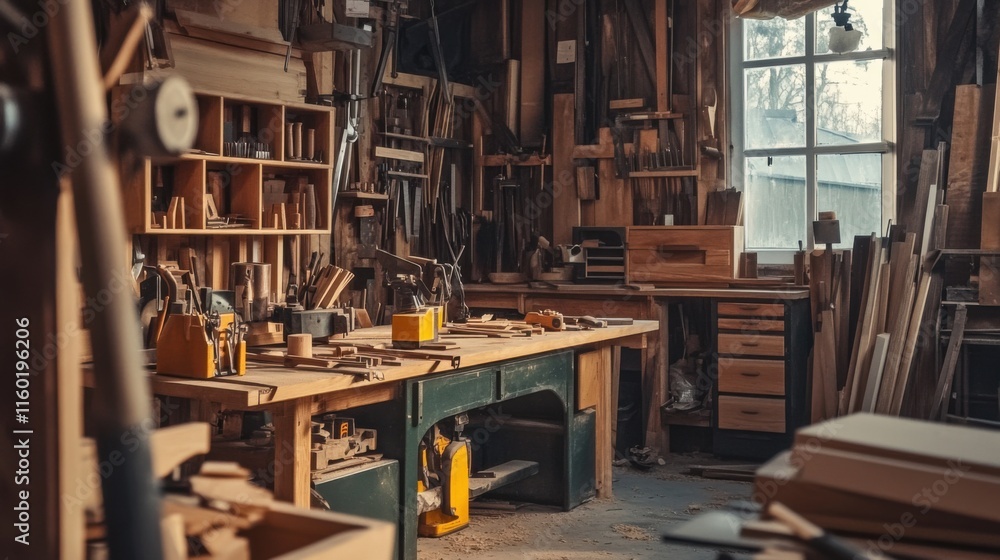 Poster a serene carpentry workshop with woodworking tools and timber, woodworking tools arranged around a w