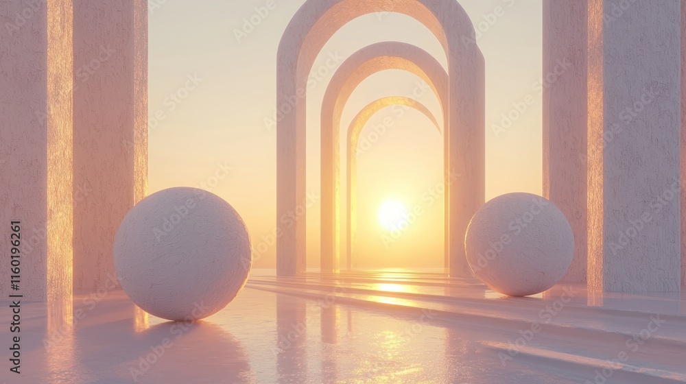 Canvas Prints Sunlit arches, spheres, and a reflective floor create a serene, minimalist scene.