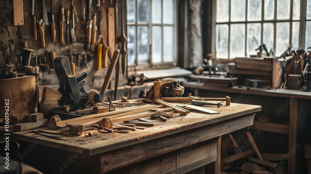 Poster a serene carpentry workshop with woodworking tools and timber, woodworking tools arranged around a w