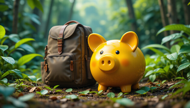 yellow piggy bank and a backpack in a forest, representing the concepts of saving money and adventure