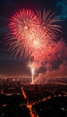 Night cityscape with fireworks lighting up the sky.Event promotion, New Year’s Eve, fireworks show, celebration banners, city festivities.Night festivities. Sparkling moments.
