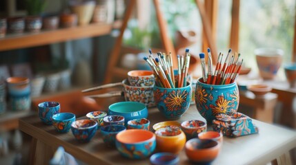 A serene ceramics painting workshop with ceramic paints and pottery, Painting tools organized on a worktable, Artistic workshop style