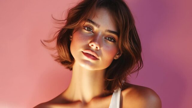 Close-up portrait of a beautiful woman with smooth armpit, wearing a white tank top, posing against a pink wall. The lighting is soft, creating a realistic and natural appearance.