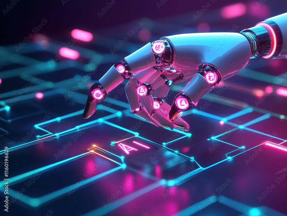 Poster robotic hand interacting with futuristic ai interface
