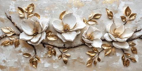 Fototapeta premium Abstract painting of white flowers on a beige background, with gold and silver details, an oil paint texture, generative AI