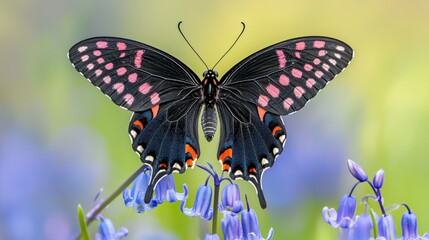 Naklejka premium Pink-spotted black butterfly on bluebells.
