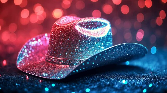 Glittering cowboy hat on a dark background with bokeh lights. Neon colors, pink and blue, in the style of ultra-realistic photography.