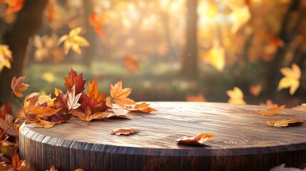 Autumn leaves on wooden surface with blurred fall background.