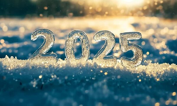 "2025" en glace sur neige illumin&eacute;e au lever du soleil, ambiance hivernale f&eacute;erique avec arbres flout&eacute;s en arri&egrave;re-plan pour la nouvelle ann&eacute;e