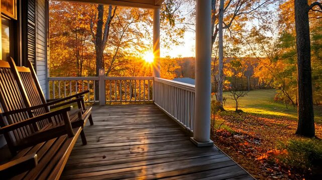 A photograph of the front porch with rocking chairs overlooking an autumn landscape, with sunset lighting, architectural photography, natural light, high-resolution stock photograph, 