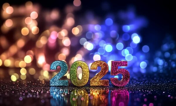 "2025" chiffres dor&eacute;s paillet&eacute;s multicolores sur fond scintillant multicolore flou, ambiance festive et lumineuse pour c&eacute;l&eacute;bration du Nouvel An