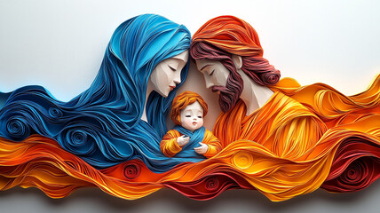 The Virgin Mary, baby Jesus and Joseph. Paper painting.