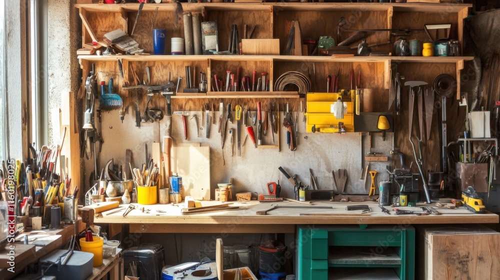 Poster A serene DIY workshop with a variety of tools and materials, DIY tools neatly stored on shelves and racks, Contemporary workshop style