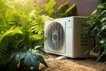 Outdoor air conditioner unit surrounded by green plants.Outdoor home appliance, air conditioning system, eco-friendly energy, sustainable design. Clean energy, sustainable living. Outdoor comfort with