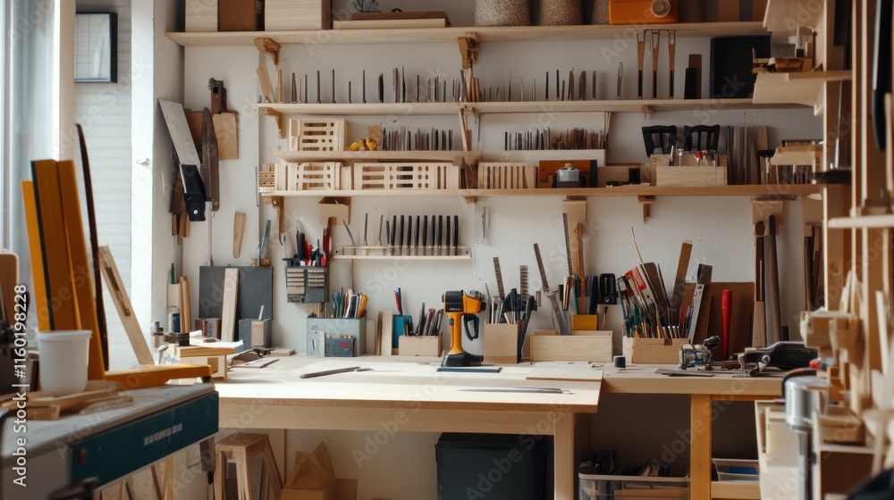 Poster a serene diy workshop with a variety of tools and materials, diy tools neatly stored on shelves and 