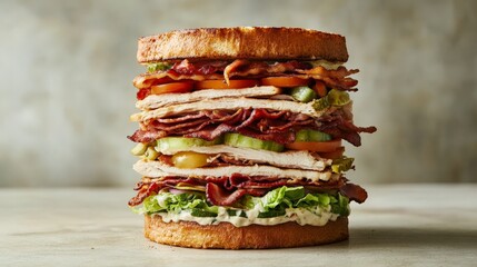 Towering sandwich with turkey, bacon, and vegetables on toasted bread