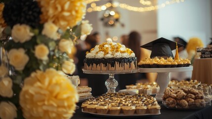 Graduation party dessert table with cake, cupcakes, and flowers.