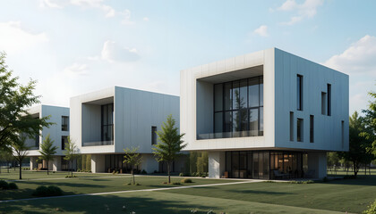 Sleek zero-energy buildings with modern architecture in a green landscape under clear sky